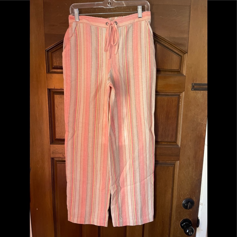 N Touch 55% linen 45% rayon pink and peach colored striped pants